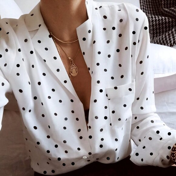 Black And White Elegan t Women's Polka Dot Shirt Blouse With Pocket details - Picture 1 of 11